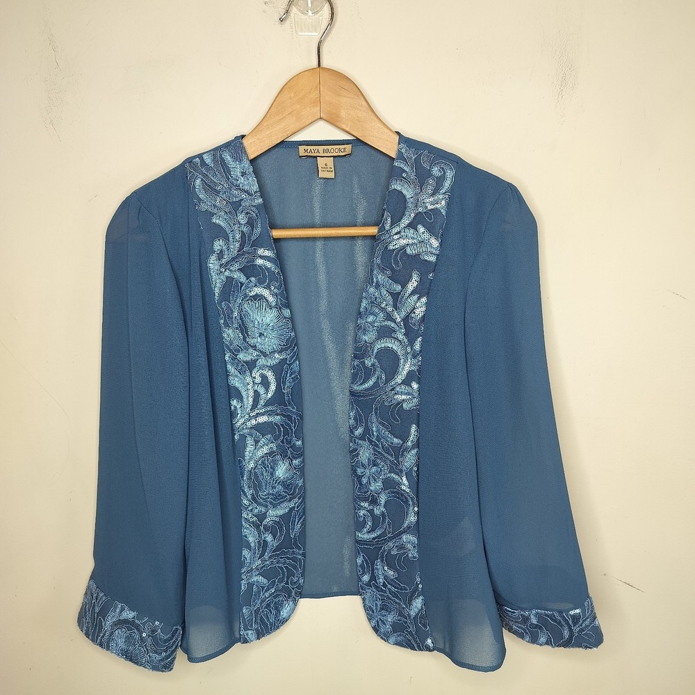 Maya Brooke Floral Embroidered Jacket Top‎ Sheer Open Front Sequins